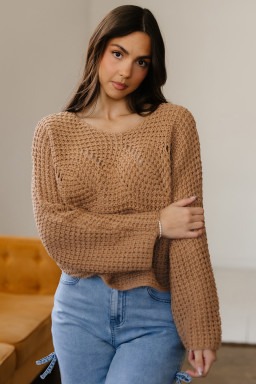 Camel Hollowed Detail Wide Sleeve Loose Pullover Sweater