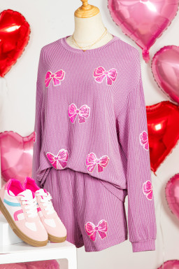 Phalaenopsis Corded Rib Sequin Bow Patched Long Sleeve Top and Shorts 2pcs Set