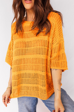 Mustard Hollow out Openwork Knit 3/4 Sleeve Sweater
