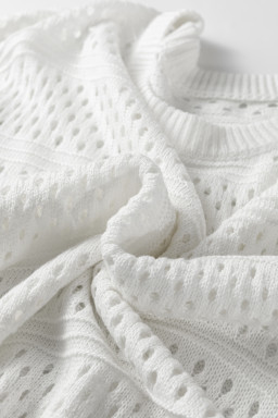 White Hollow Out Knit Round Neck Dolman Sweater
