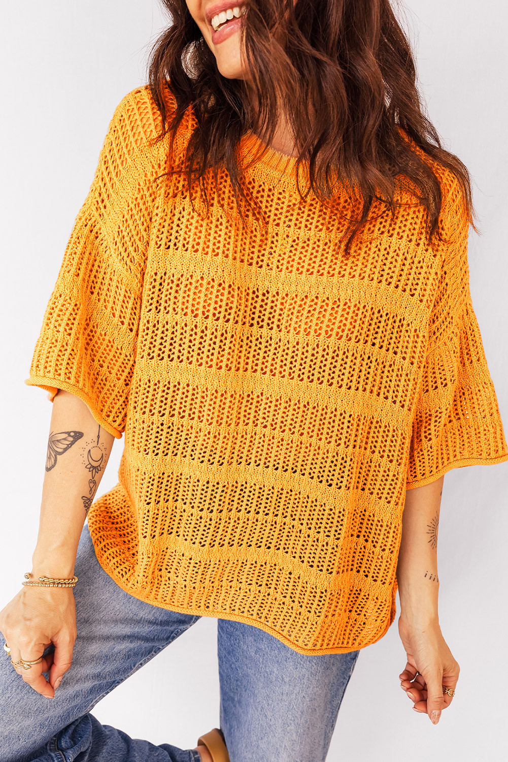 Mustard Hollow out Openwork Knit 3/4 Sleeve Sweater