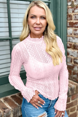 Light Pink Flounced Long Sleeve Mock Neck Sheer Lace Top
