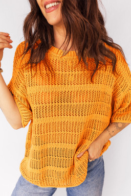 Mustard Hollow out Openwork Knit 3/4 Sleeve Sweater