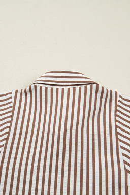 Brown Stripe Knot Waist Puff Sleeve Button Down Mini Shirt Dress