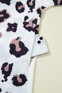 Khaki Leopard Print Contrast V Neck Plus Size Shift Mini Dress