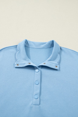 Beau Blue Solid Color Snap Button Polo Collar Short Sleeve Scallop Hem Mini Dress