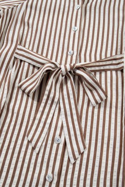 Brown Stripe Knot Waist Puff Sleeve Button Down Mini Shirt Dress