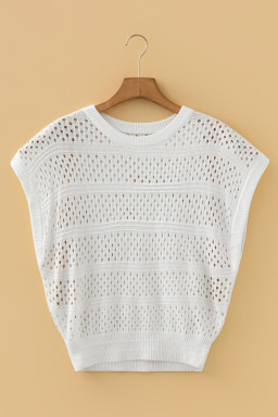 White Hollow Out Knit Round Neck Dolman Sweater