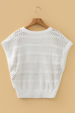 White Hollow Out Knit Round Neck Dolman Sweater