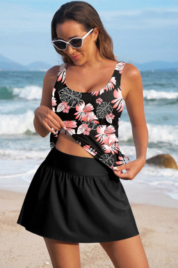 Black Scoop Neck Adjustable Tankini and Matching Skort Bathing Suit