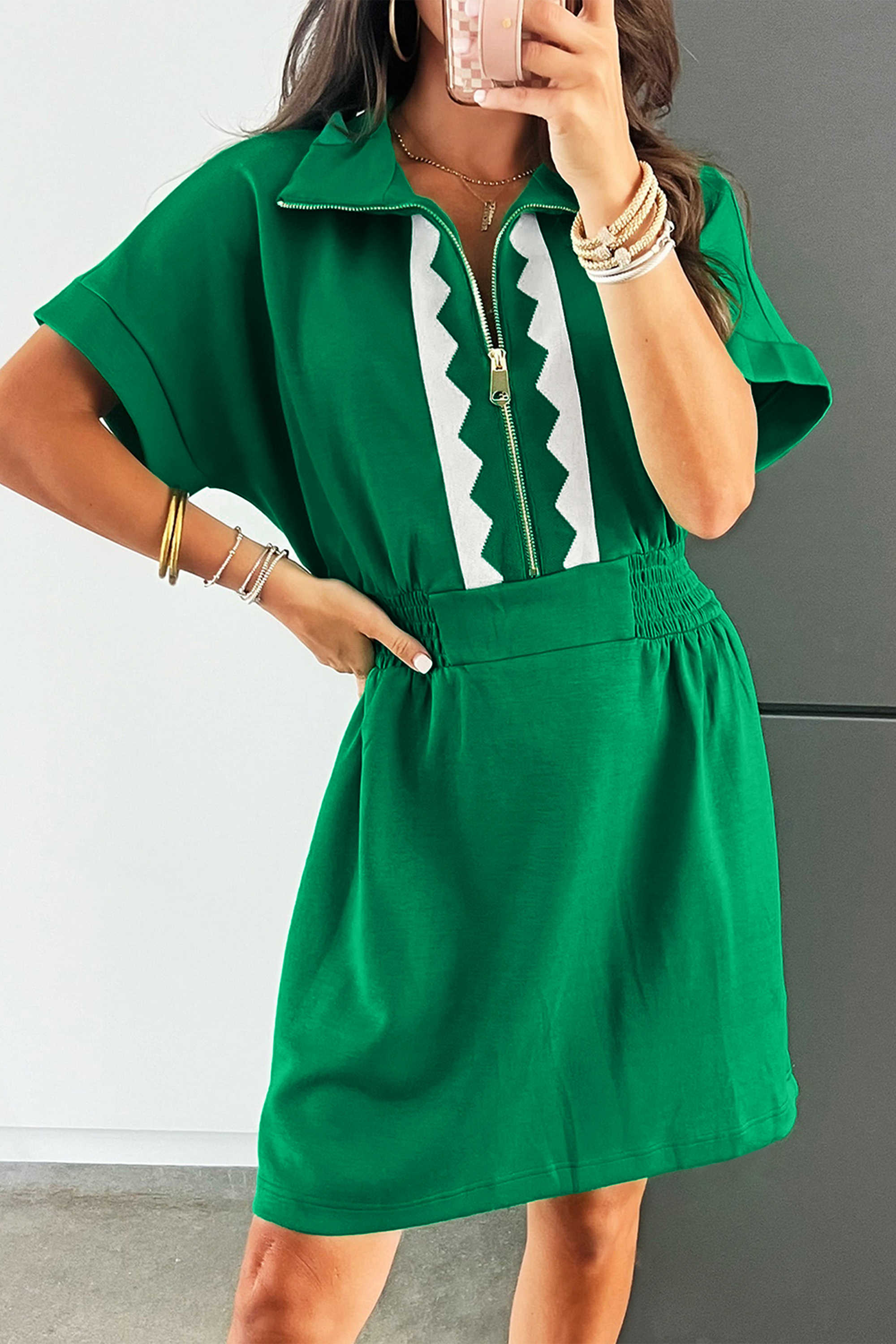 Bright Green Contrast Patchwork Half Zip Elastic Waist Short Sleeve Mini Dress