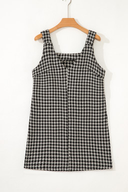 Khaki Houndstooth Print V Neck Sleeveless Mini Dress