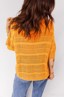 Mustard Hollow out Openwork Knit 3/4 Sleeve Sweater