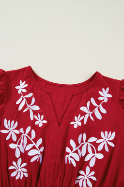 Racing Red Contrast Embroidered Detail Cinched Waist Tiered Long Sleeve Maxi Dress