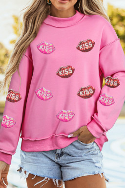 Bright Pink Mock Neck Sequin KISS Lips Reversible Double Wear Sweatshirt
