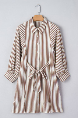Brown Stripe Knot Waist Puff Sleeve Button Down Mini Shirt Dress