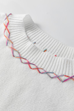 White Rainbow Stitching Balloon Sleeve Relaxed Sweater