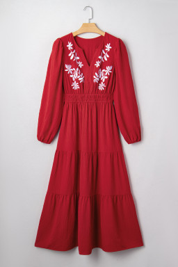 Racing Red Contrast Embroidered Detail Cinched Waist Tiered Long Sleeve Maxi Dress