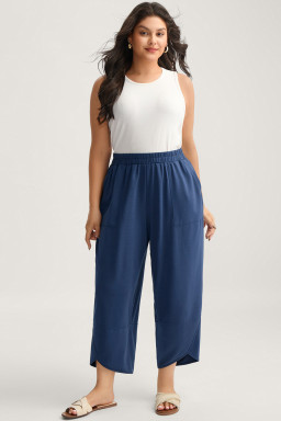 Sail Blue Plus Size Elastic Waist Asymmetrical Hem Loose Capris Pants