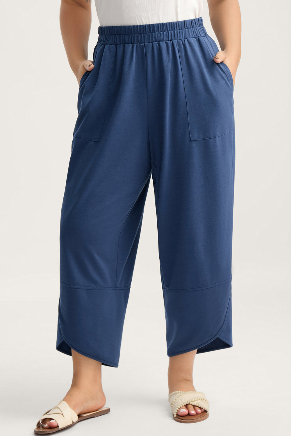 Sail Blue Plus Size Elastic Waist Asymmetrical Hem Loose Capris Pants