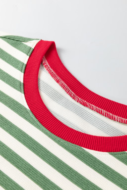 Green Stripe Short Puff Sleeve Contrast Trim Round Neck Tee