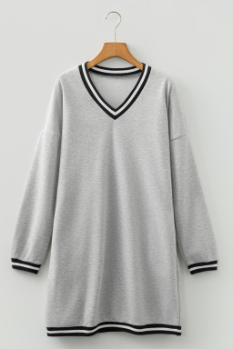 Light Grey Striped Trim V Neck Long Sleeve Preppy T Shirt Dress