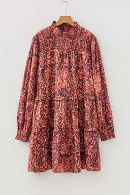 Red Floral Print Long Sleeve Shirred High Neck Loose Mini Dress