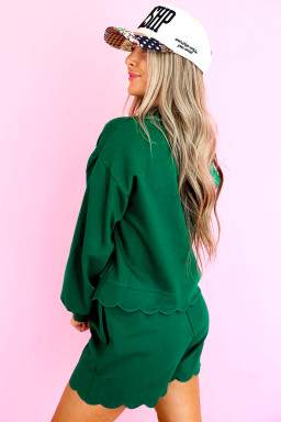 Blackish Green Embroidered Scallop Trim Half Button Pullover Casual Shorts Set