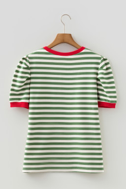 Green Stripe Short Puff Sleeve Contrast Trim Round Neck Tee