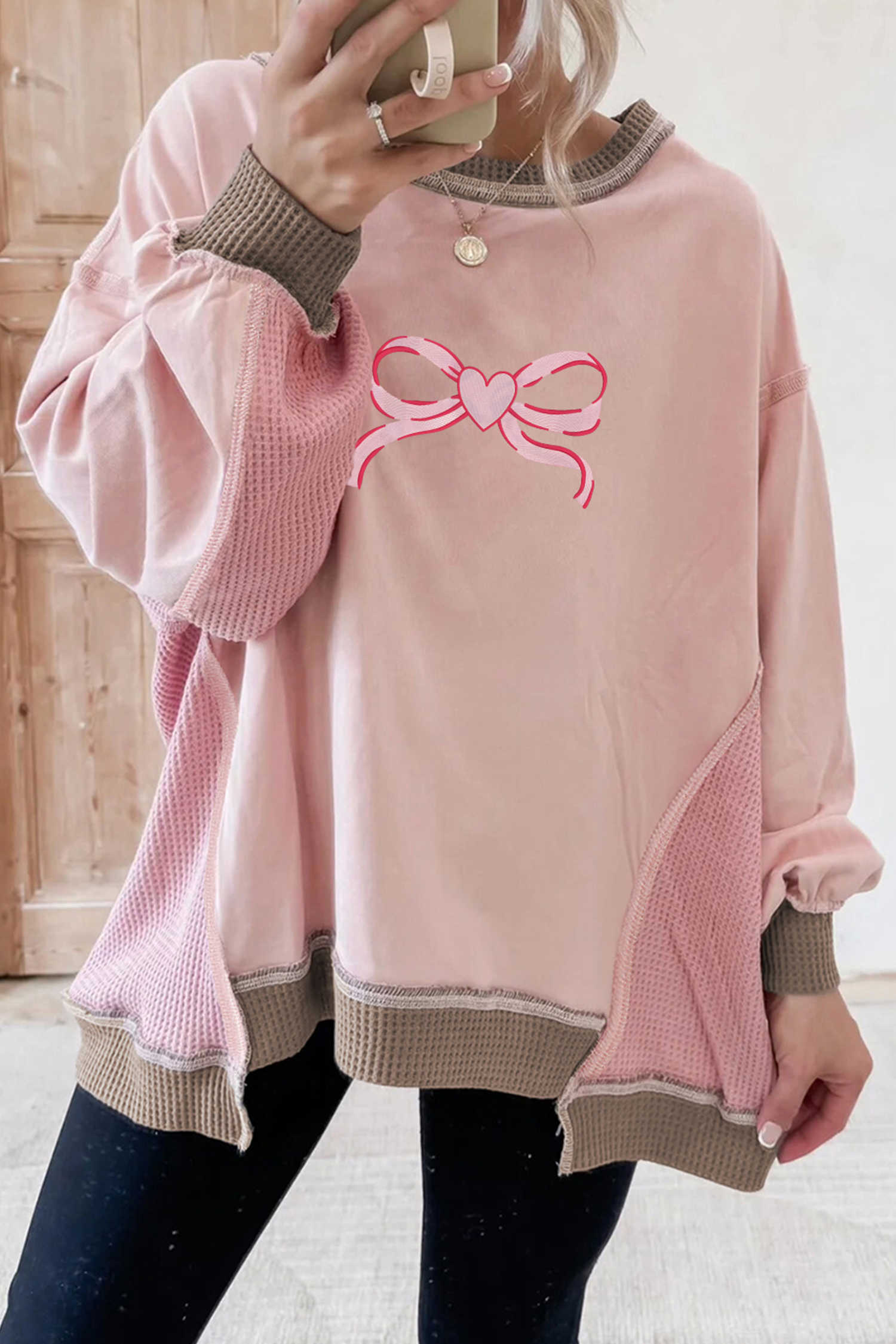 Light Pink Heart Bow Embroidered Exposed Seam Color Block Waffled Patchwork Sweatshirt