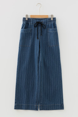 Blue Stripe Contrasted Drawstring Pocketed Loose Jeans