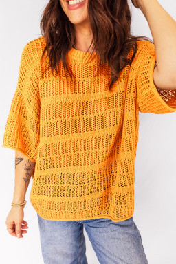 Mustard Hollow out Openwork Knit 3/4 Sleeve Sweater