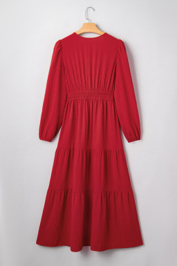 Racing Red Contrast Embroidered Detail Cinched Waist Tiered Long Sleeve Maxi Dress