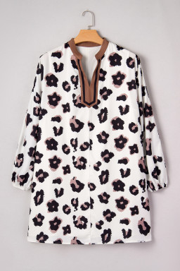 Khaki Leopard Print Contrast V Neck Plus Size Shift Mini Dress