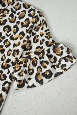 Khaki Leopard Print Ruffle Trim 3/4 Sleeve Loose Shirt