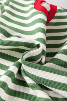 Green Stripe Short Puff Sleeve Contrast Trim Round Neck Tee