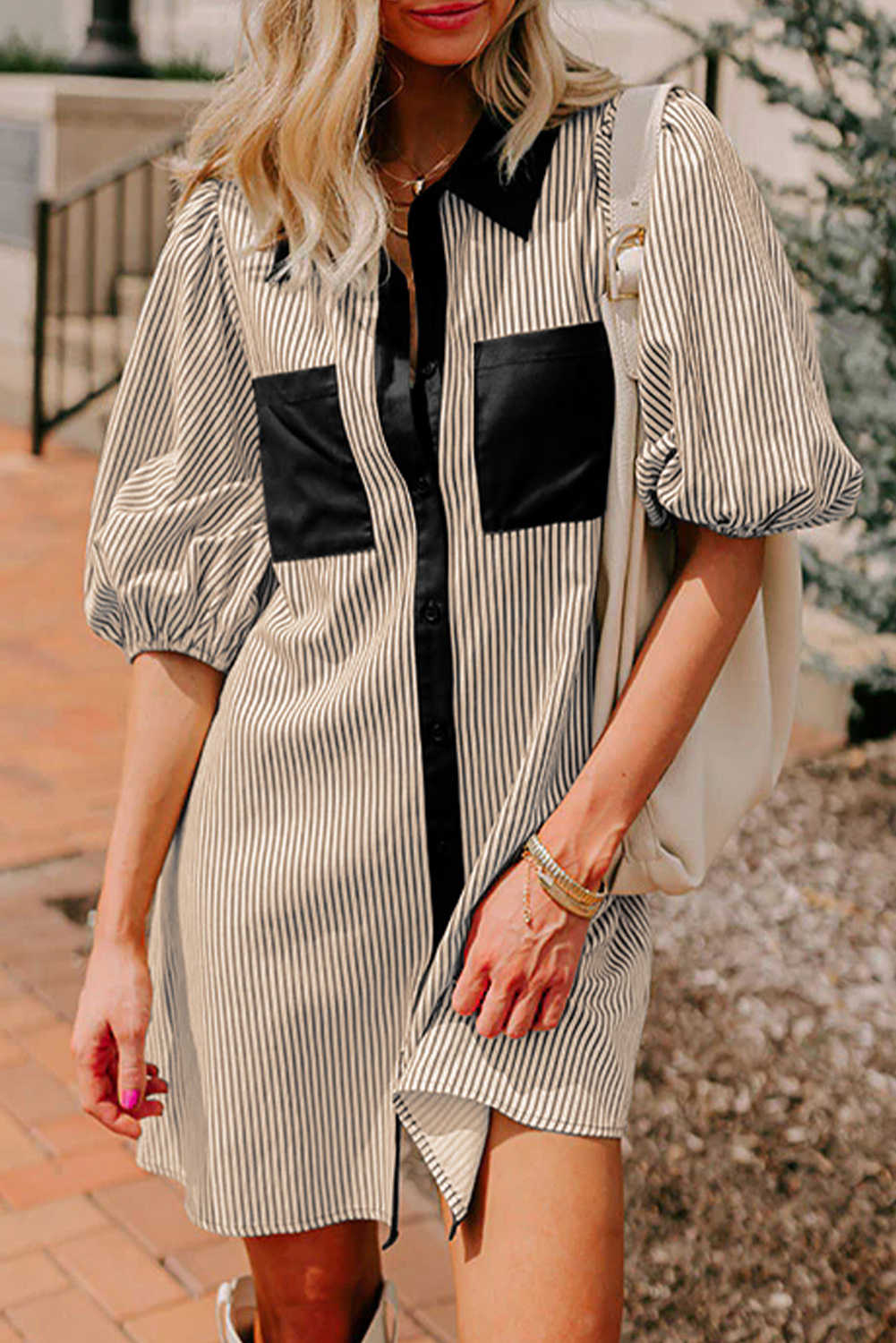 Black Stripe Color Block Patchwork Shirt Collar Button Down Puff Sleeve Mini Dress