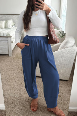 Sail Blue Plus Size Elastic Waist Asymmetrical Hem Loose Capris Pants