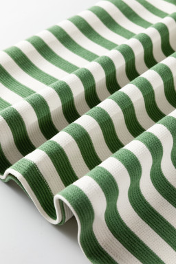 Green Stripe Short Puff Sleeve Contrast Trim Round Neck Tee