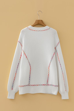 White Rainbow Stitching Balloon Sleeve Relaxed Sweater