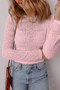 Light Pink Semi Sheer Lace Long Sleeve Cropped Top