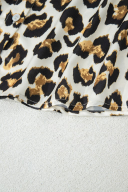 Khaki Leopard Print Ruffle Trim 3/4 Sleeve Loose Shirt