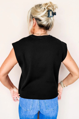 Black Solid Color Crew Neck Knit Cap Sleeve Sweater