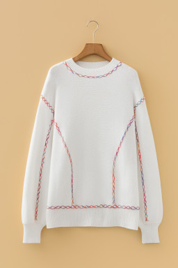 White Rainbow Stitching Balloon Sleeve Relaxed Sweater