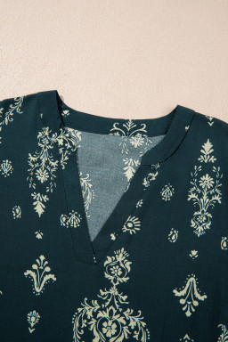 Blue Boho Floral Print Lettuce Trim 3/4 Sleeve Mini Dress