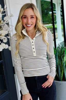 Black Stripe Ribbed Knit Half Button Long Sleeve Slim Top