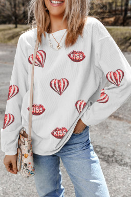 White Corded Ribbed Sequin Patched Valentines Day Graphic Sweatshirt