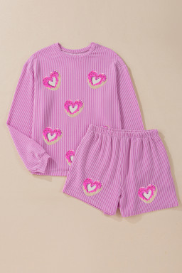 Phalaenopsis Corded Ribbed Sequin Donut Heart Graphic Long Sleeve Pullover and Shorts 2pcs Set