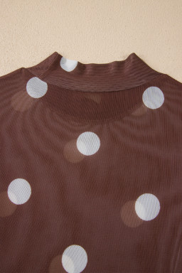 Brown Vintage Polka Dot Print Mesh Long Sleeve Bodysuit