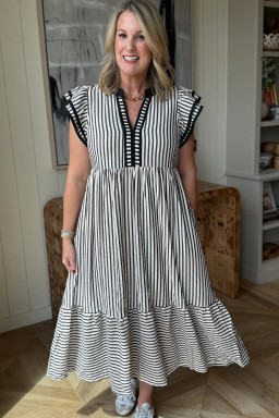 Black Stripe Double Ruffled Short Sleeve Contrast Trim V Neck Midi Dress